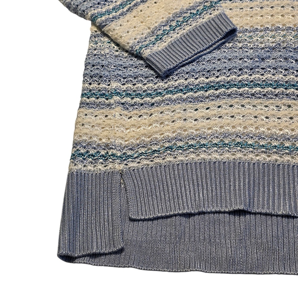 WHBM V-Neck Sweater Women M Blue Striped Good Open Knit 3/4 Sleeve Pullover - Picture 6 of 11